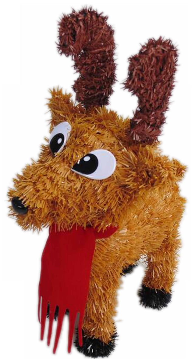 Tinsel tabletop decoration shaped like a reindeer. It has large, curious eyes, two antlers and a red scarf.