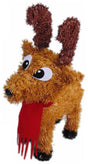 Tinsel tabletop decoration shaped like a reindeer. It has large, curious eyes, two antlers and a red scarf.