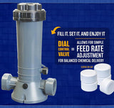 Easy to use automatic chlorinator. Fill it, set it and enjoy it. It has a dial control valve and allows for simple feed rate adjustment for balanced chemical delivery.