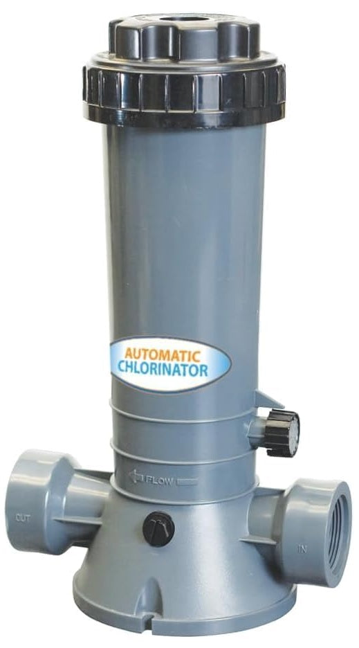 14 inch automatic chlorinator. You put chlorine tablets into it and it sanitizes your water. The body is a gray color and the cap is black.