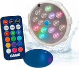 This image shows the magnetic light with the different light colors and it shows the remote control you use to control the light colors.