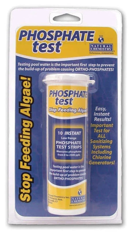 This image shows what the packaging for this item looks like. It reads "Phosphate Test. Testing pool water is the important first step to prevent the build-up of problem causing ortho-phosphates! Stop feeding algae! Easy, instant results! Important test for all sanitizing systems including chlorine generators!"