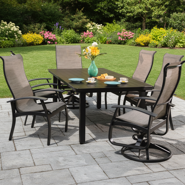This is a lifestyle image showing this patio dining set on a stone patio in a nice, grassy backyard.