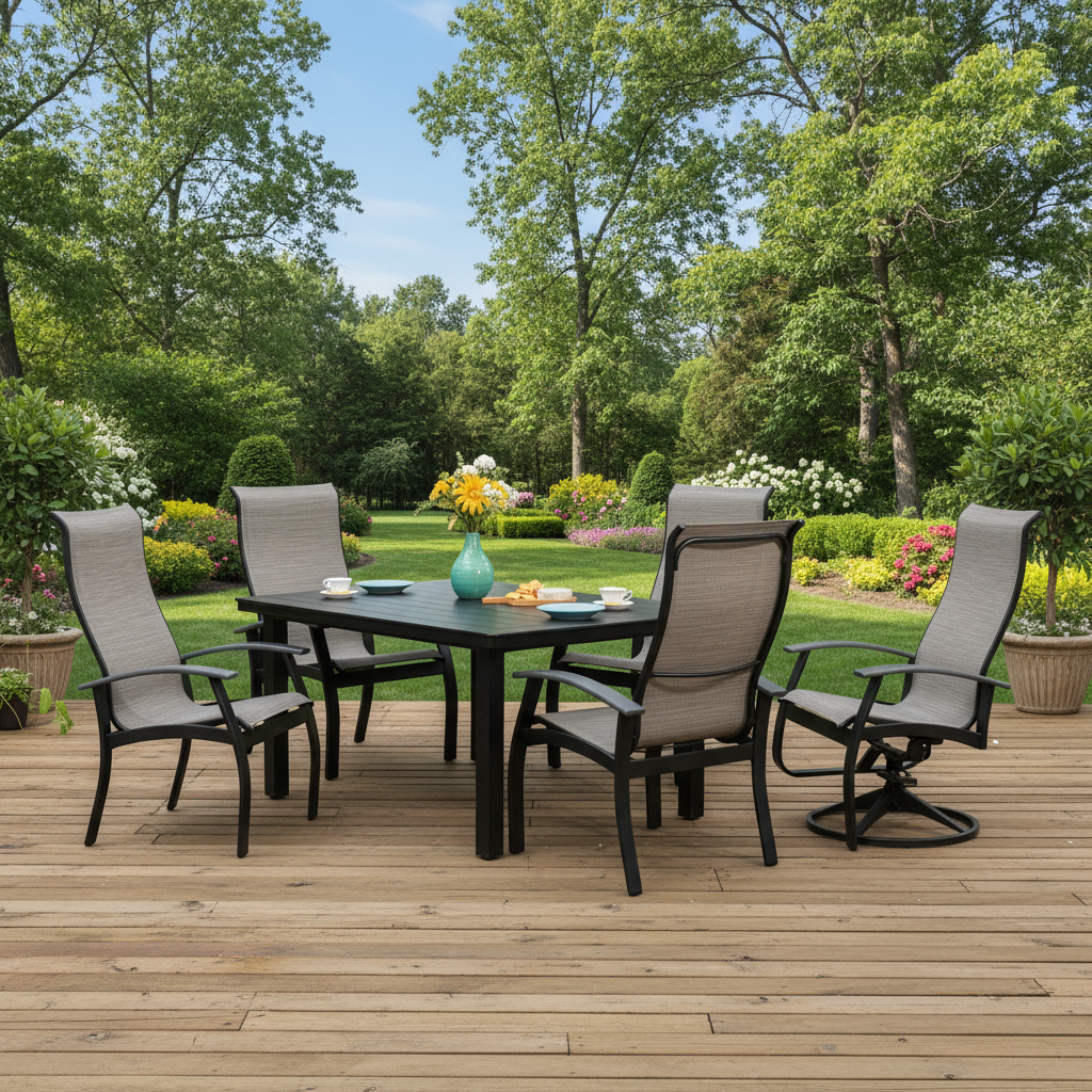 This is a lifestyle image showing this sling patio dining set on a wooden porch surrounded by plants in a nice backyard.