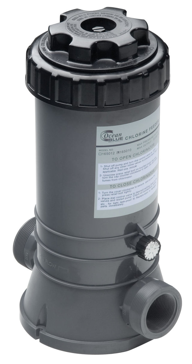 In line pool chlorinator. The body is gray and the cap is black.