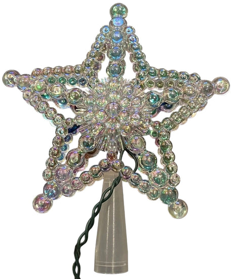 This image shows what this iridescent beaded Christmas tree star looks like on a white background.