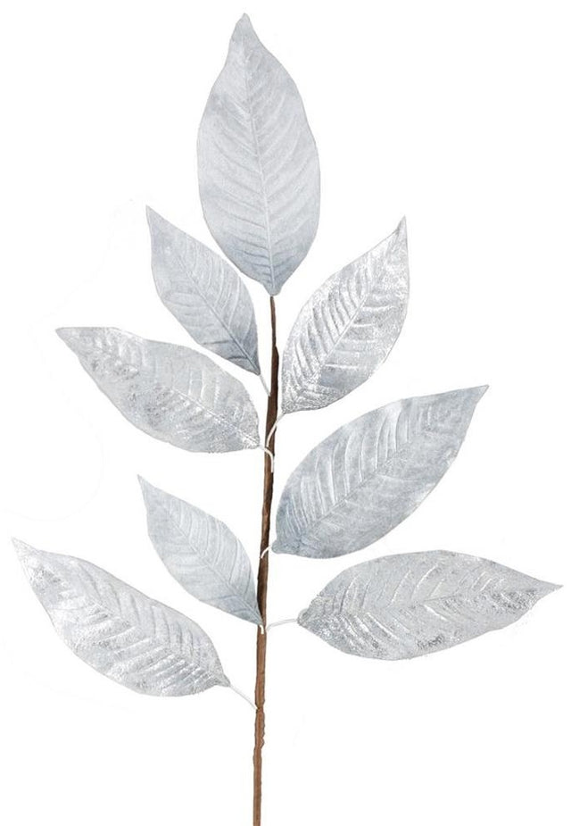 Decorative pick spray that looks like silver leaves on a brown branch.