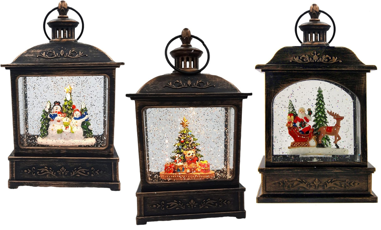 8.25" Battery-Operated Antique Bronze Spinning Water Globe Lantern with Holiday Scene