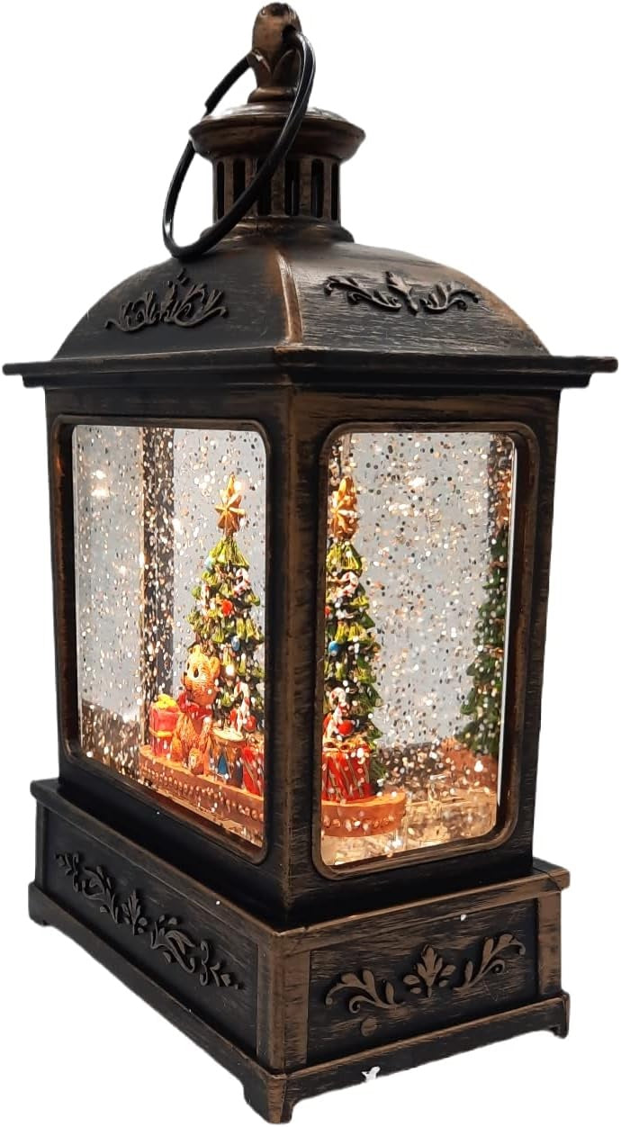 8.25" Battery-Operated Antique Bronze Spinning Water Globe Lantern with Holiday Scene