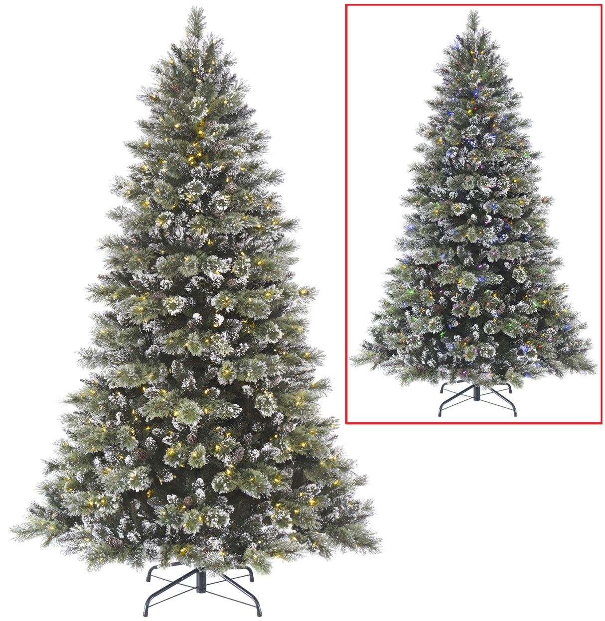 Artificial tree pre-lit with dual lights. Lights change from warm white to multi-colored. Branches are covered in white glitter.