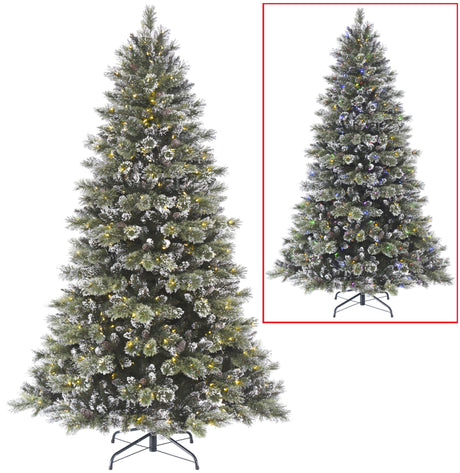 Artificial tree pre-lit with dual lights. Lights change from warm white to multi-colored. Branches are covered in white glitter.
