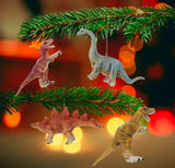 Ornament shaped like a dinosaur. One ornament is shaped like a Stegosaurus. One ornament is shaped like an Apatosaurus. One ornament is shaped like a Velociraptor. One ornament is shaped like a Tyrannosaurus Rex.