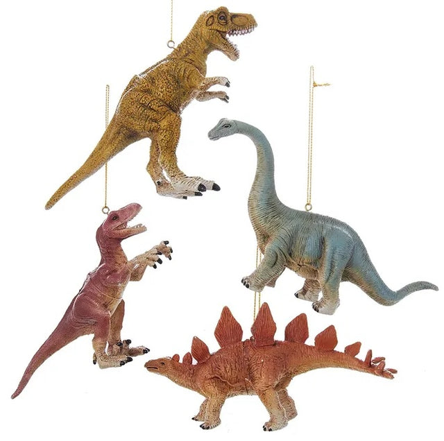 Ornament shaped like a dinosaur. One ornament is shaped like a Stegosaurus. One ornament is shaped like an Apatosaurus. One ornament is shaped like a Velociraptor. One ornament is shaped like a Tyrannosaurus Rex.