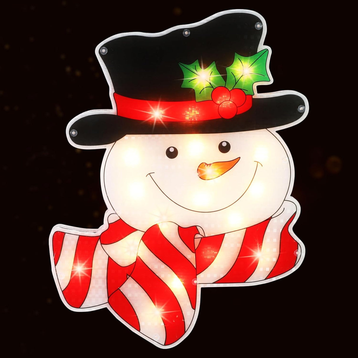 Pre-lit decoration shaped like a smiling snowman wearing a black top hat with holly leaves and berries and a red and white striped scarf.