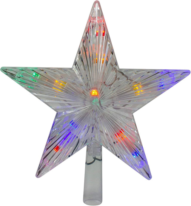 This image shows a clear Christmas tree topper pre-lit with multi-colored lights.