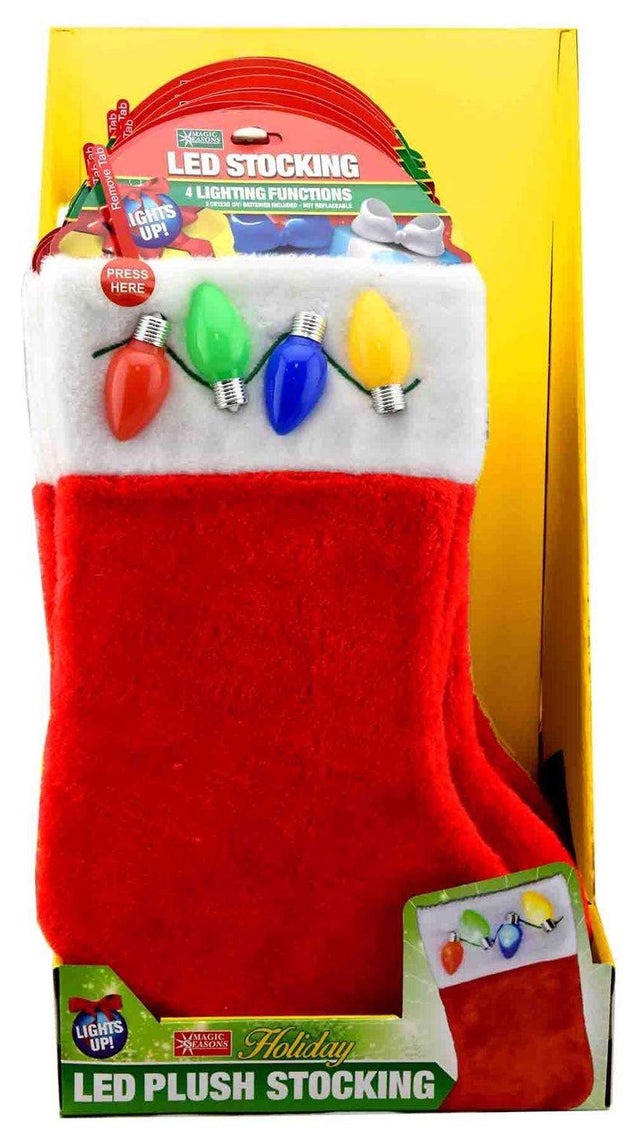 Red holiday stocking with a furry white cuff. On the cuff there are four different colored lights that light up.