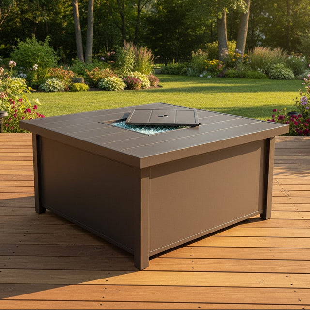 This is a lifestyle image showing what this fire pit table looks like on a wooden patio in a grassy backyard on a sunny day.