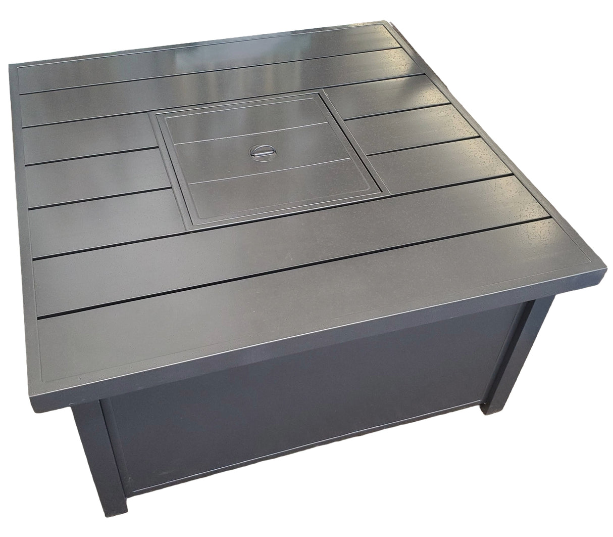 This image shows what this fire table looks like on a white background. The lid is on, covering up the fire glass.
