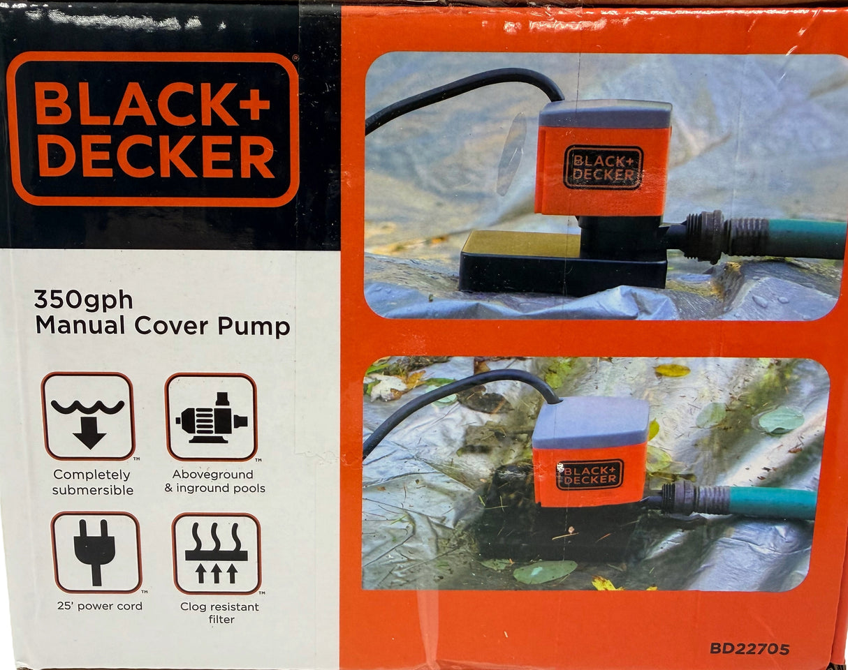 This image shows the box that this pump comes in. The box reads "Black + Decker. 350 gph manual cover pump. Completely submersible. Above ground and inground pools. 25 ft. power cord. Clog resistant filter." And the box shows what the pump looks like in use.