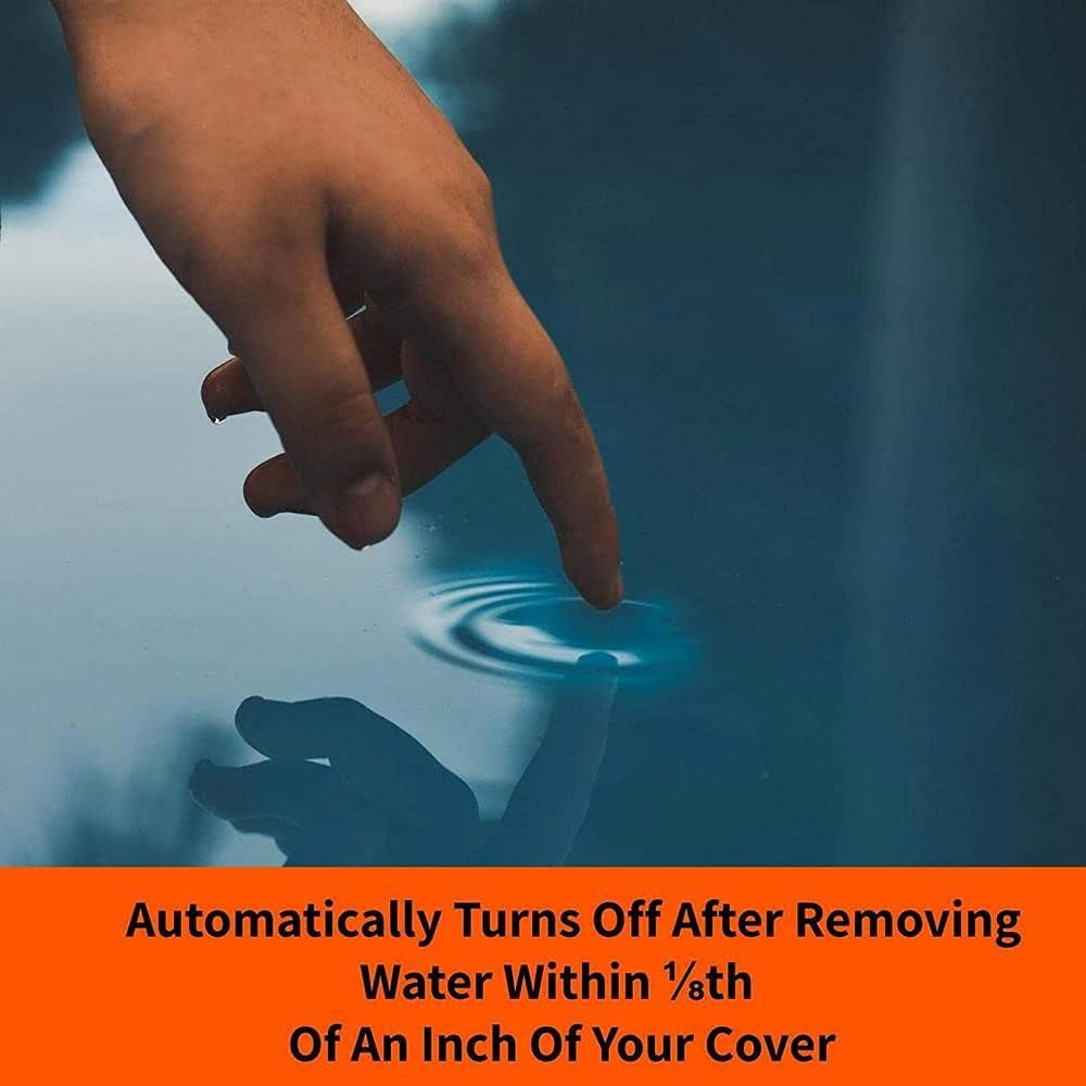This image reads "Pump automatically turns off after removing water within 1/8th of an inch of your cover." The image shows someone's hand/finger touching some water.