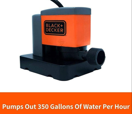 This image shows the pump on a white background. It reads "Pumps out 350 gallons of water per hour."
