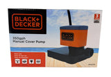 This image shows the box that this pump comes in on a white background. The box reads "Black + Decker. 350 gph manual cover pump. Easy to use. Easy to set up. Easy to maintain. 3 year limited warranty."