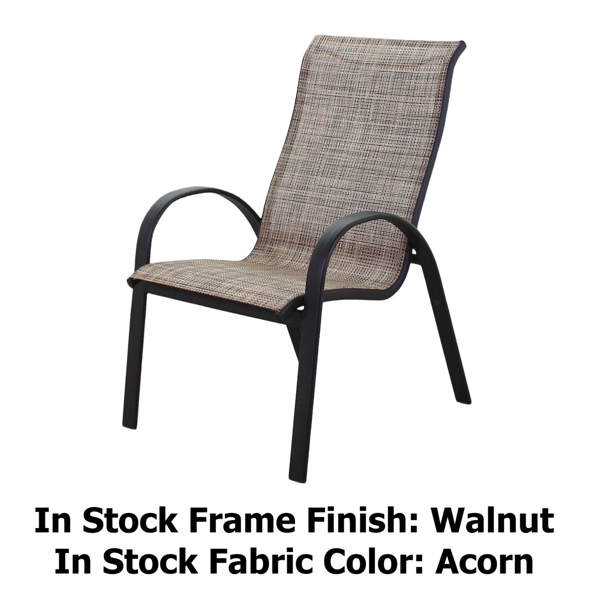 This image shows what this specific armchair looks like on a white background. The image reads "In Stock Frame Finish: Walnut. In Stock Fabric Color: Acorn."