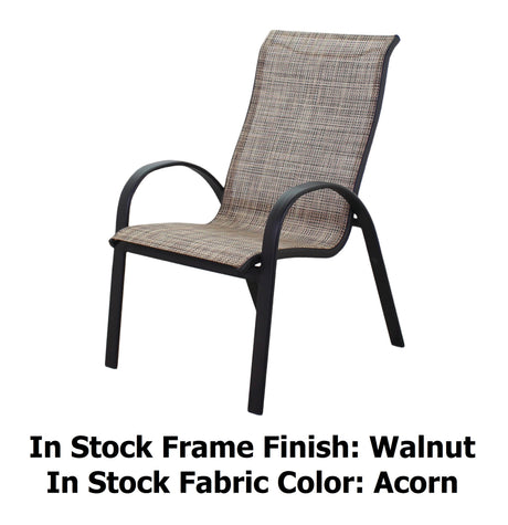 This image shows what this specific armchair looks like on a white background. The image reads "In Stock Frame Finish: Walnut. In Stock Fabric Color: Acorn."