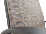 This is an up close view of the chair. The chair's frame is a dark brown color. The chair's sling is a mix of light brown and dark brown wicker.