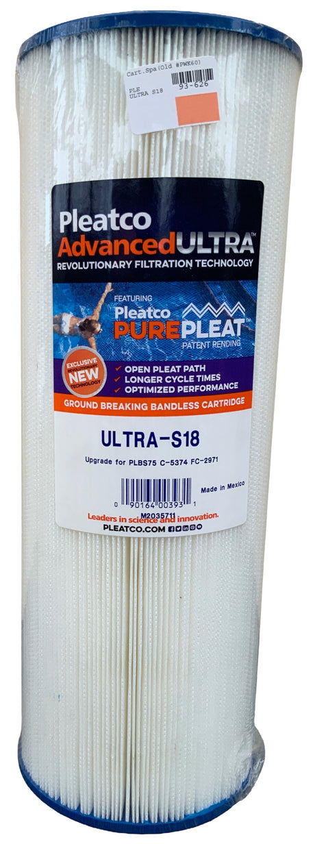 This image shows what this Pleatco Ultra-S18 filter cartridge looks like on a white background.