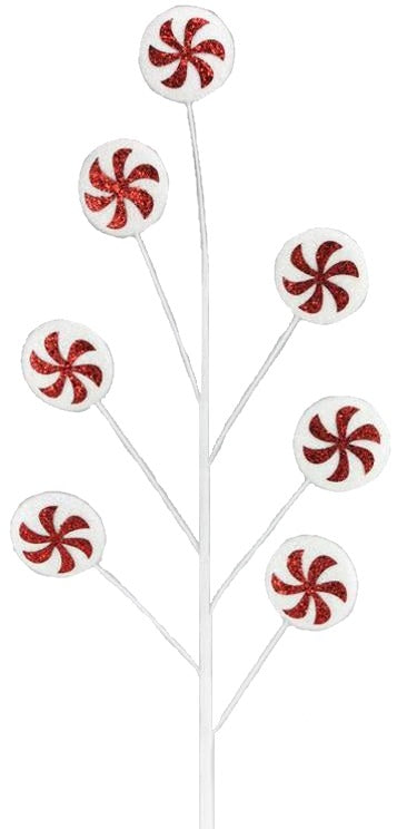 Pick spray designed to look like it's made of seven red and white swirl lollipops.