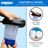 This image reads "HydroTools by Swimline. Purposeful design. Cleans efficiently and keeps a low profile. Air-tight top lid. Versatile design holds 1 inch or 3 inch tablets."