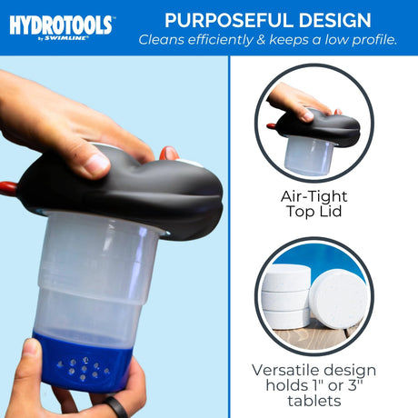 This image reads "HydroTools by Swimline. Purposeful design. Cleans efficiently and keeps a low profile. Air-tight top lid. Versatile design holds 1 inch or 3 inch tablets."