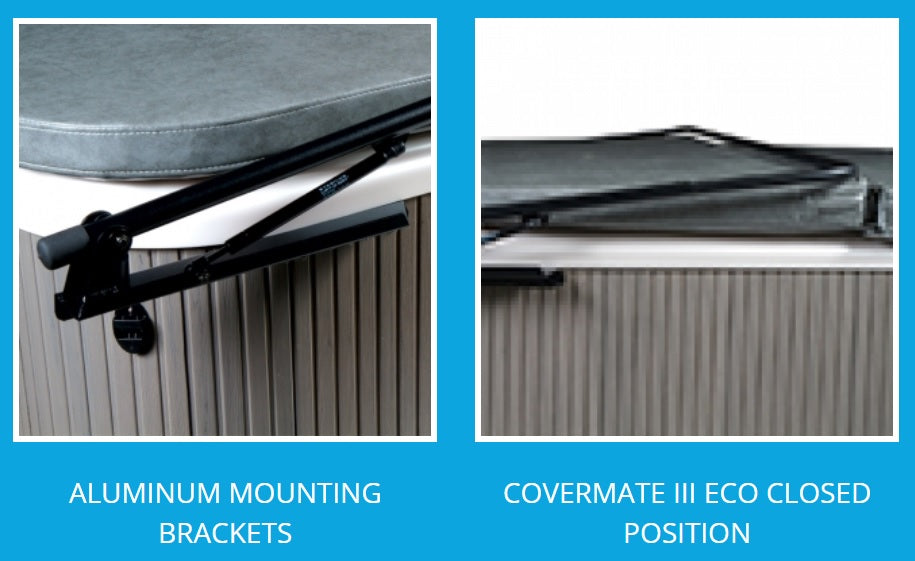 This image has an up close view of the aluminum mounting brackets and also shows the Covermate III Eco in the closed position.