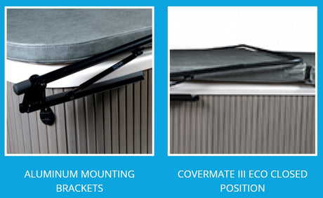 This image has an up close view of the aluminum mounting brackets and also shows the Covermate III Eco in the closed position.