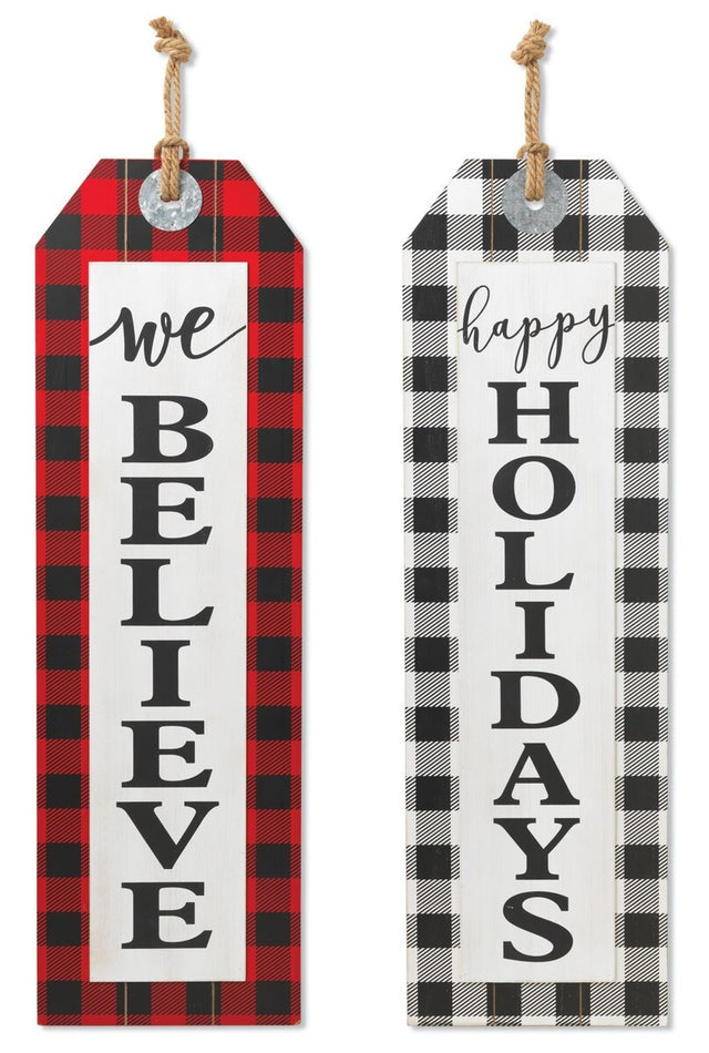 Wall hanging signs shaped like gift tags.