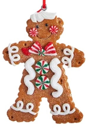 Ornaments made to look like decorated gingerbread cookies.