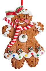 Ornaments made to look like decorated gingerbread cookies.