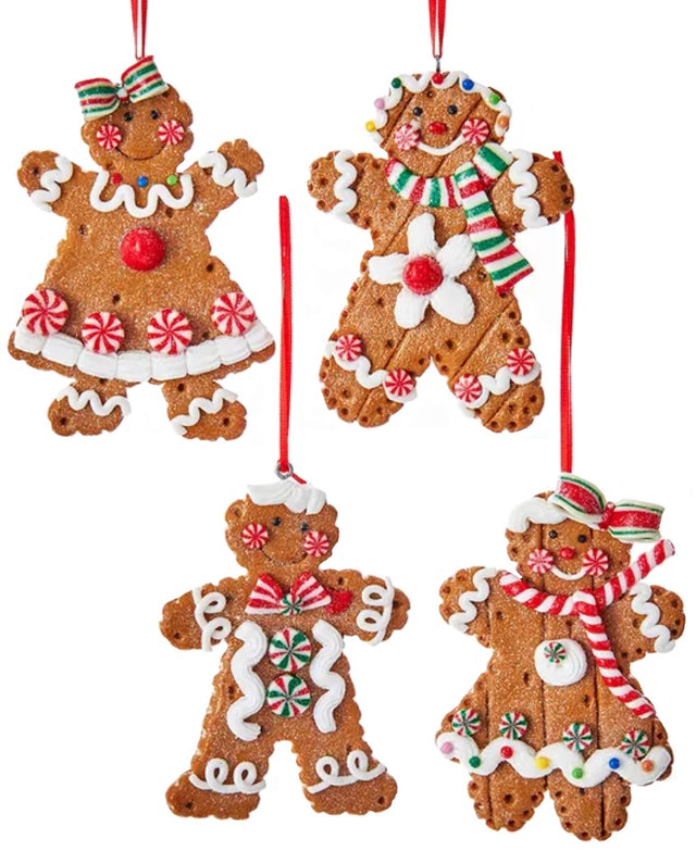 Ornaments made to look like decorated gingerbread cookies.