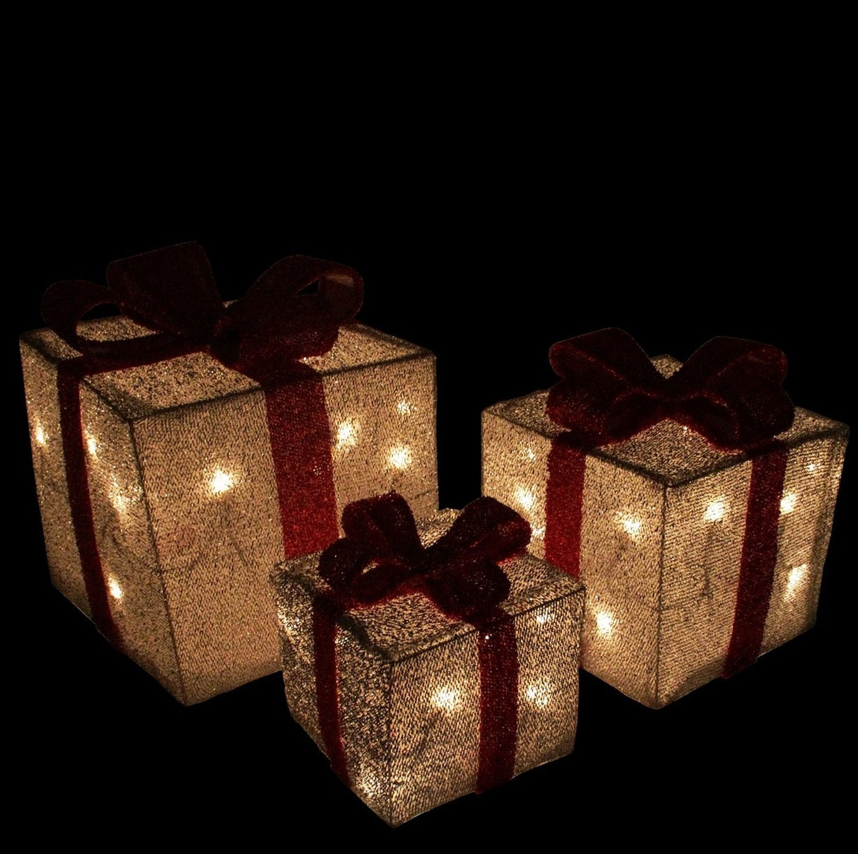 Set of 3 Pre-Lit Crystal Champagne Gift Box Sculptures