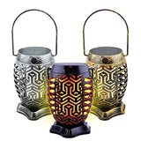 This image shows all three of the color options available for this solar powered lantern. One is a vintage silver color. One is black. One is a vintage gold color.