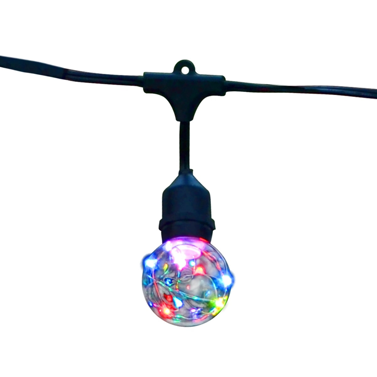 This image shows an up close view of the glass bulb with micro lights inside.