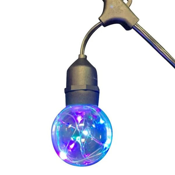 This image shows an up close view of the glass bulb with micro lights inside.