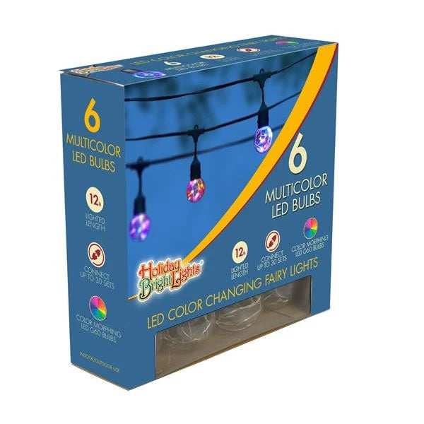 Glass light bulb string set. Inside the glass bulb are a string of multi-colored micro lights. The cord is black. This image shows the box that the lights come in.
