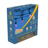 Glass light bulb string set. Inside the glass bulb are a string of multi-colored micro lights. The cord is black. This image shows the box that the lights come in.