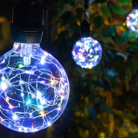 Glass light bulb string set. Inside the glass bulb are a string of multi-colored micro lights. The cord is black.