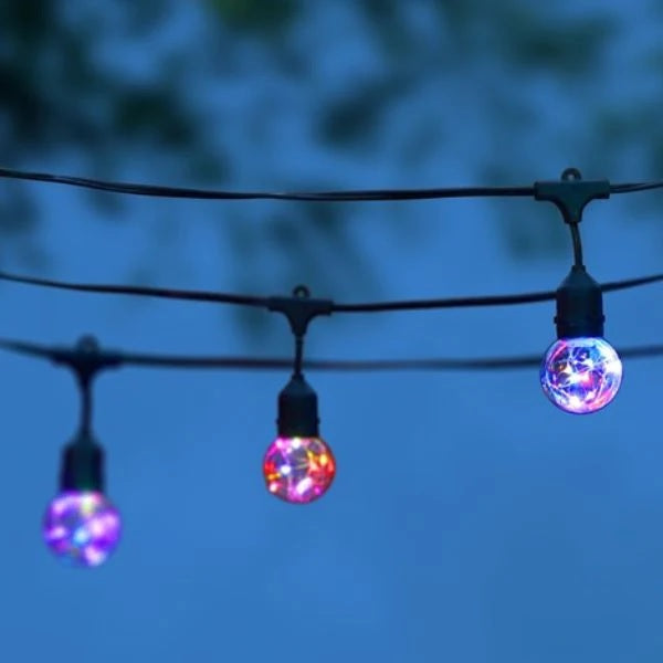 Glass light bulb string set. Inside the glass bulb are a string of multi-colored micro lights. The cord is black.