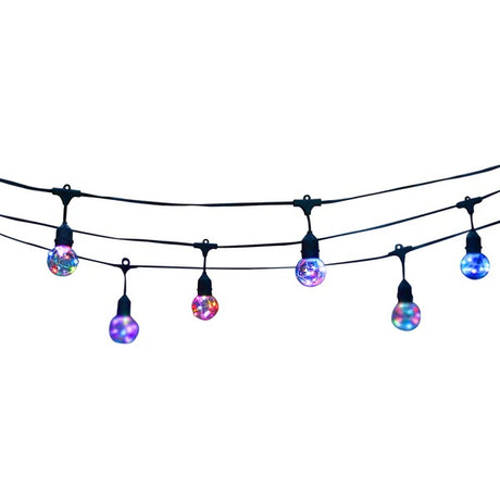 Glass light bulb string set. Inside the glass bulb are a string of multi-colored micro lights. The cord is black.