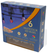 Glass light bulb string set. Inside the glass bulb are a string of multi-colored micro lights. The cord is black. This image shows the box that the lights come in.