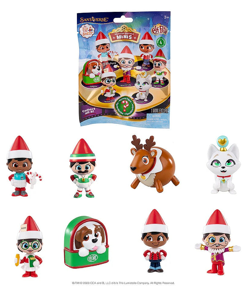 This image shows the 8 different mini toys that are available, as well as the small plastic bag they come in.